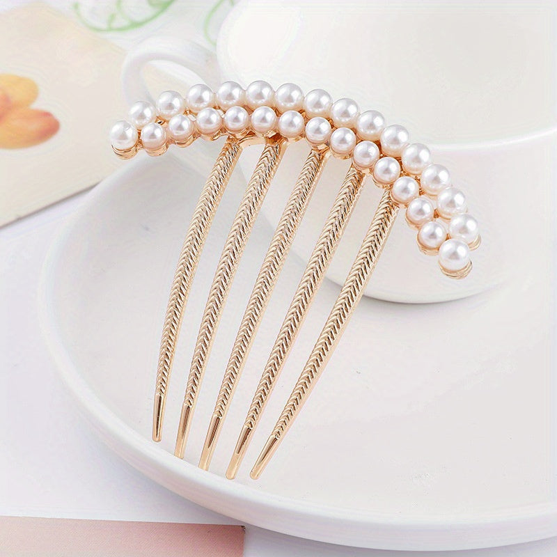 Rhinestone Faux Pearl Hair Comb Pin for Women