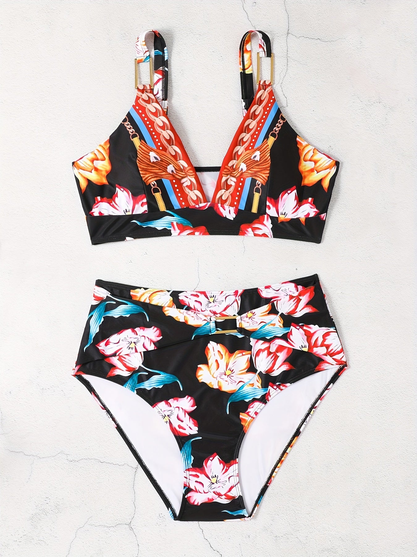  Floral & Chain Print Bikini Set High Stretch Two Piece