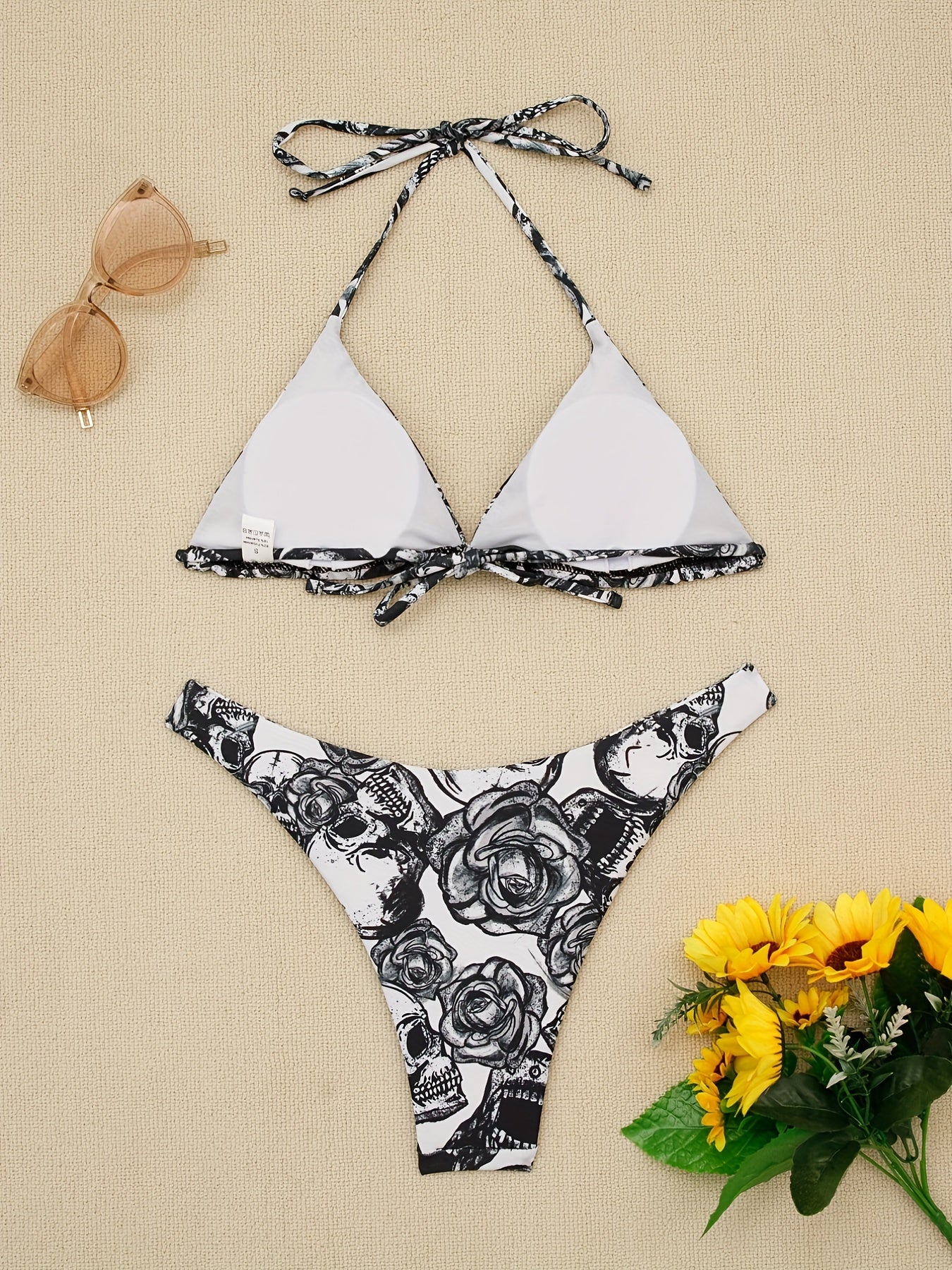 Skull & Floral Bikini Set V Neck High Cut Swimsuit