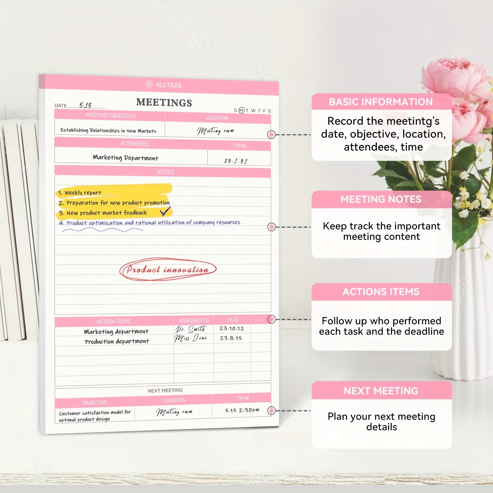 Meeting Notes Planner for Work - Action Items Organizer - 5.5x8.5inch