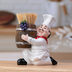 Chef Holding Toothpick Holder Wooden Bucket Decor