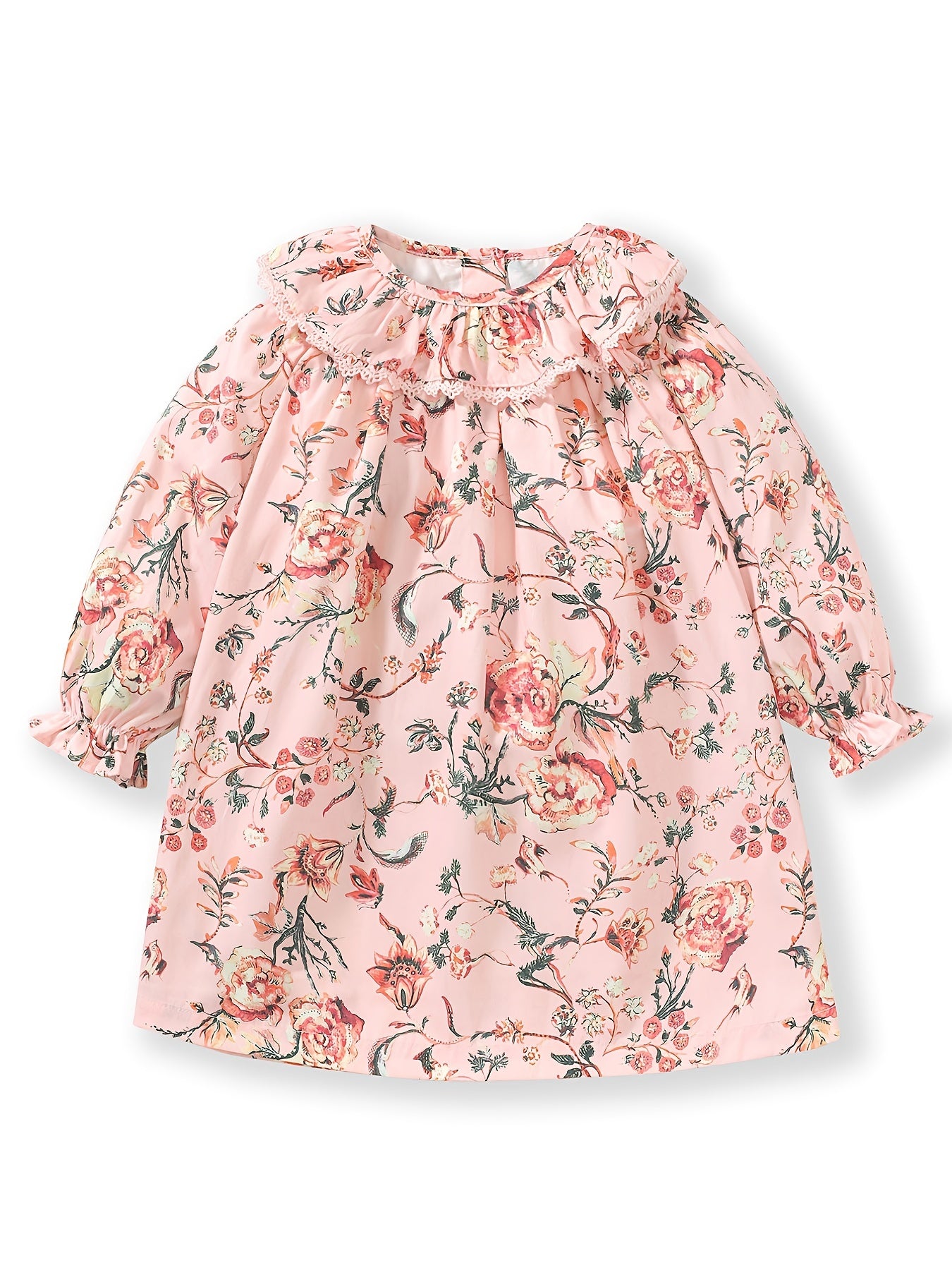 Girls' Ruffle Collar Floral Long Sleeve Casual Dress