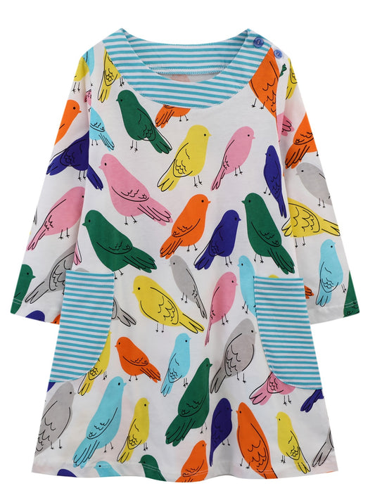 Colorful Birds Toddler Girls Cotton Long Sleeve Dress 2-7 Years