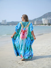  Boho Cover Up Women's Plus Tribal Print Batwing Sleeve V Neck Split