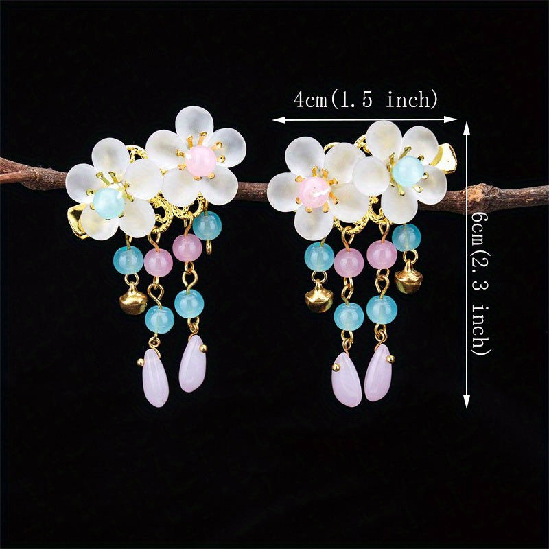 Crystal Inlaid Flower Hair Clip with Bell Pendant