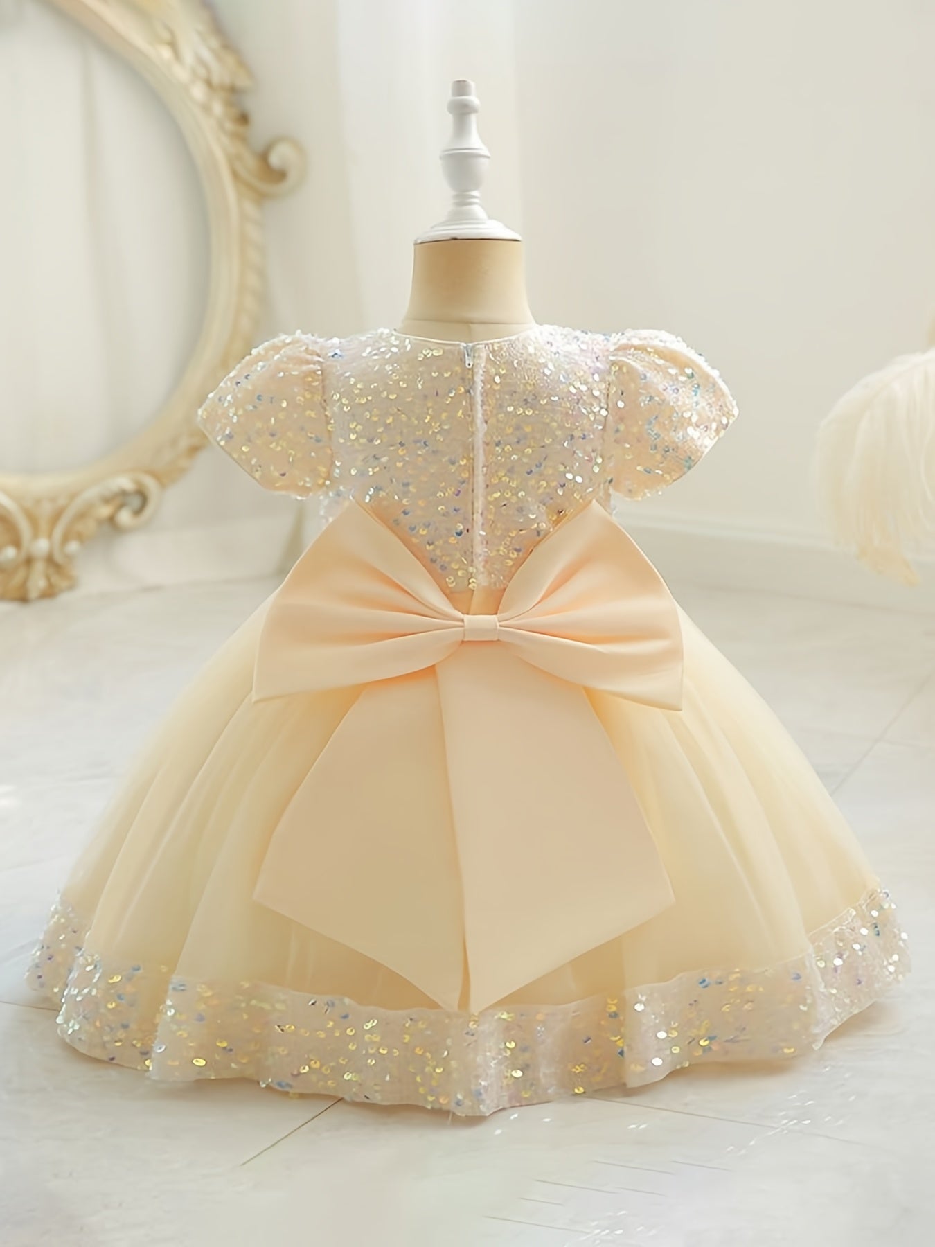 Baby Girls Flower Bowknot Decor Puff Sleeve Mesh Sequin Princess Dress