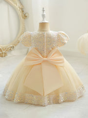 Baby Girls Flower Bowknot Decor Puff Sleeve Mesh Sequin Princess Dress
