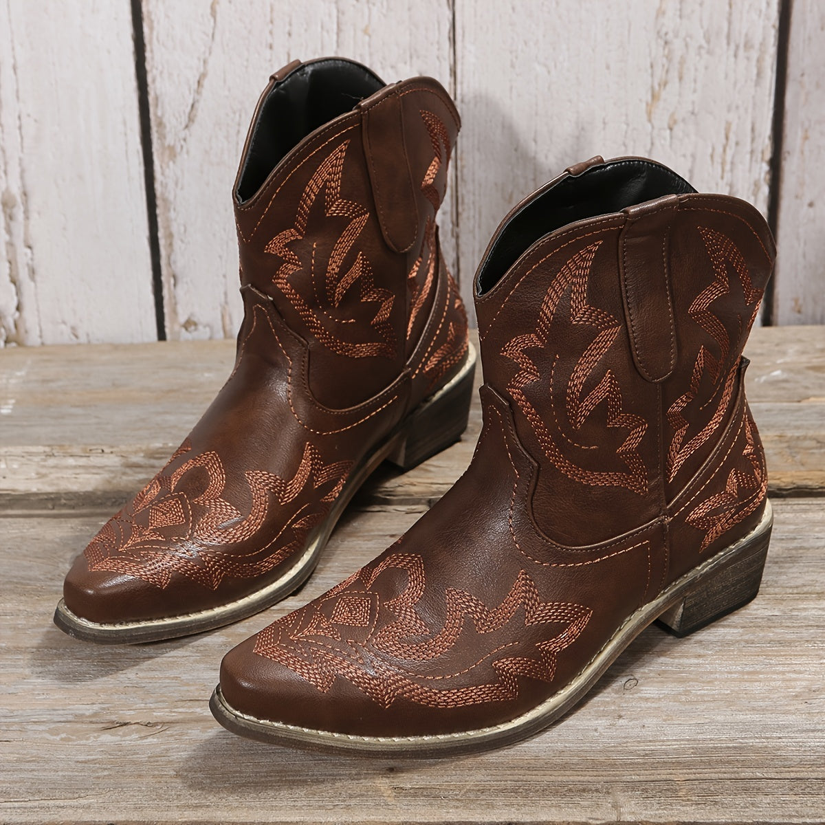 Women's V Cut Western Short Boots Low Chunky Heel Pointed Toe Shoes