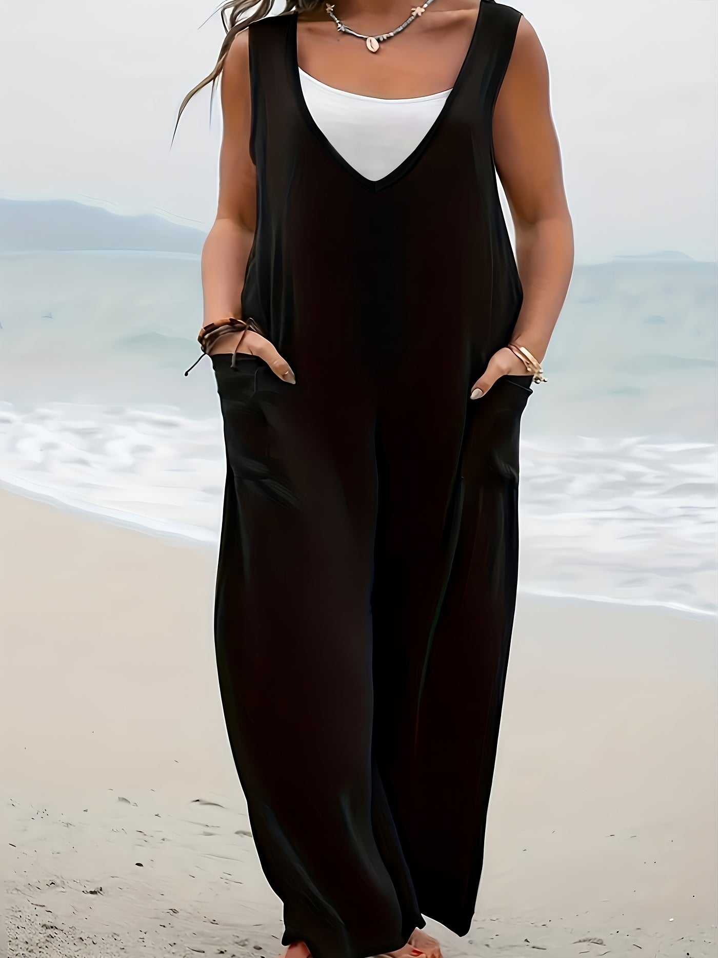  V Neck Wide Leg Tank Jumpsuit With Pockets