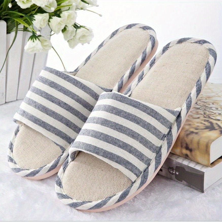 Men's Linen Striped Slides Lightweight Slippers for Indoor Outdoor Beach