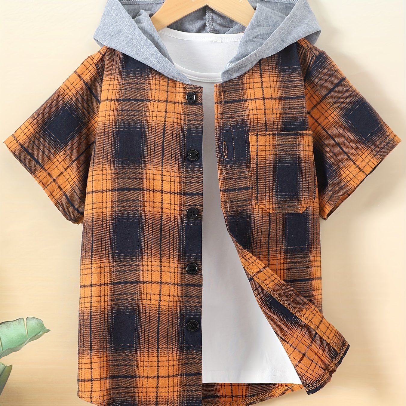 Toddler Boys Plaid Hoodie Shirt Short Sleeve Button Down Shirt