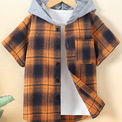 Toddler Boys Plaid Hoodie Shirt Short Sleeve Button Down Shirt