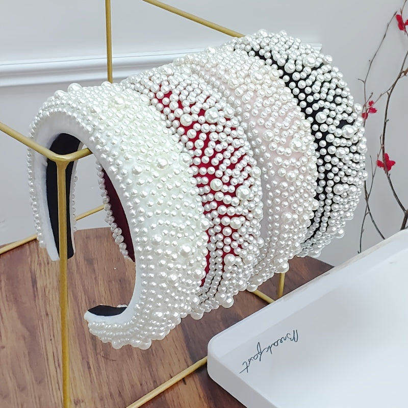 Faux Pearl Sponge Hair Hoop Velvet Colorful Wide Brim Headband