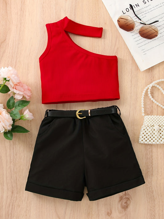 Girls Y2K Ribbed Top & Shorts Set for Summer Holiday Party