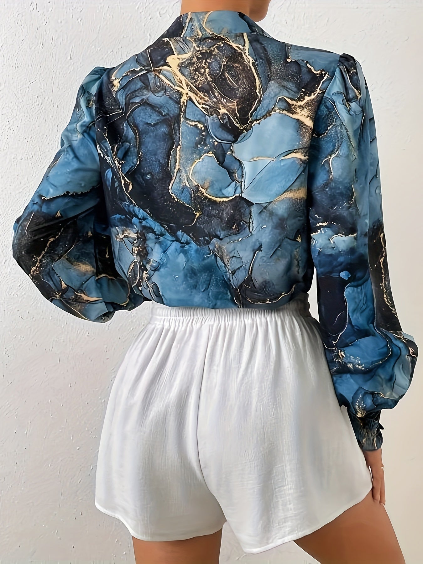  Marble Print Lantern Sleeve Button Up Shirt