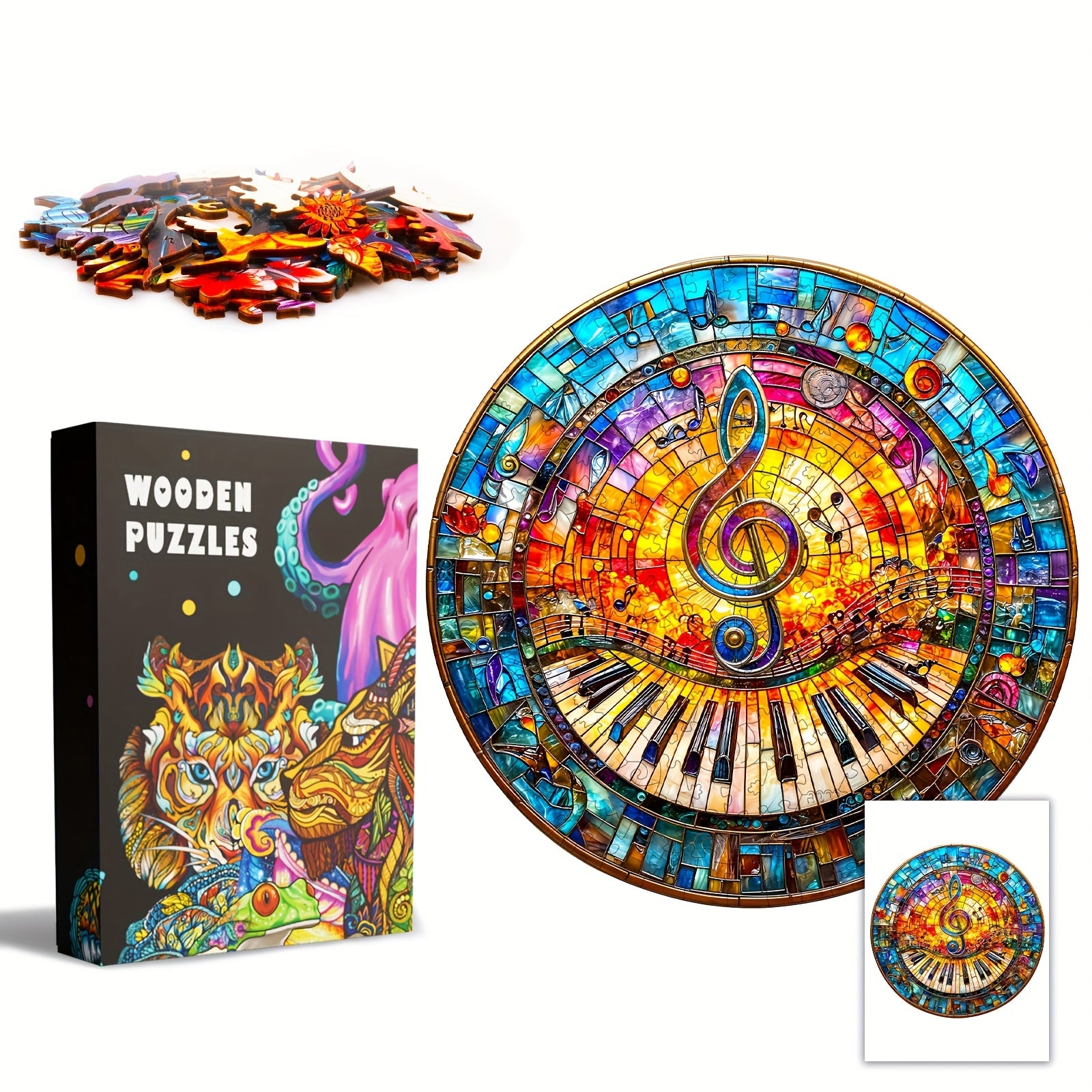 Wooden Jigsaw Puzzle Stained Glass Art Music Theme with Cat Piano