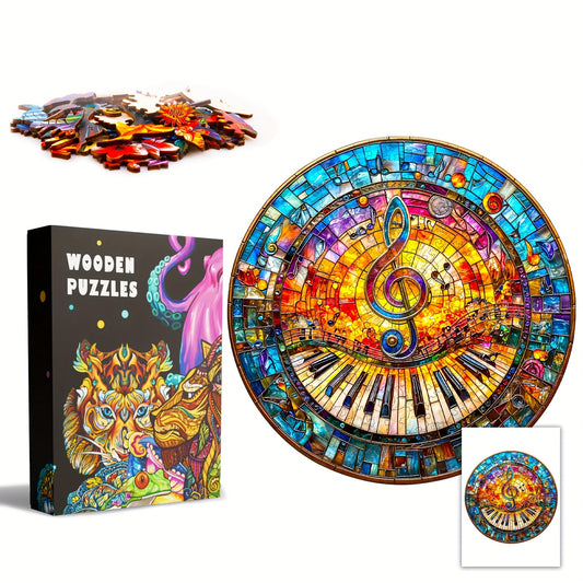 Wooden Jigsaw Puzzle Stained Glass Art Music Theme with Cat Piano
