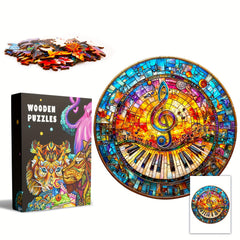 Wooden Jigsaw Puzzle Stained Glass Art Music Theme with Cat Piano