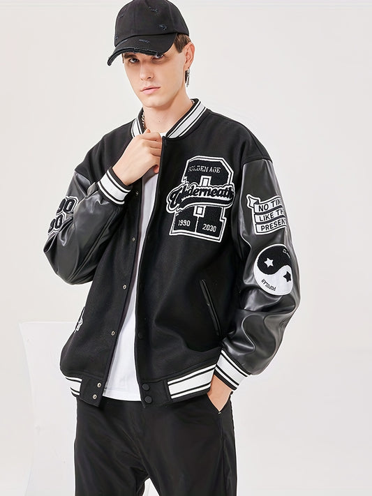 Varsity PU Jacket Men's Vintage Style Letter Print
