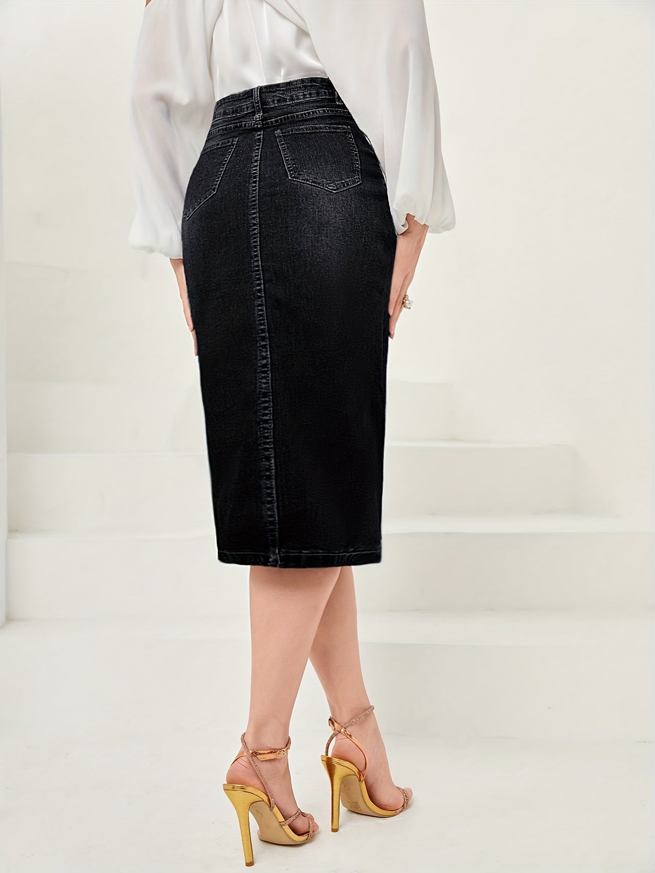 Vintage Washed Midi Denim Skirt Solid Slash Pocket Women's Jeans