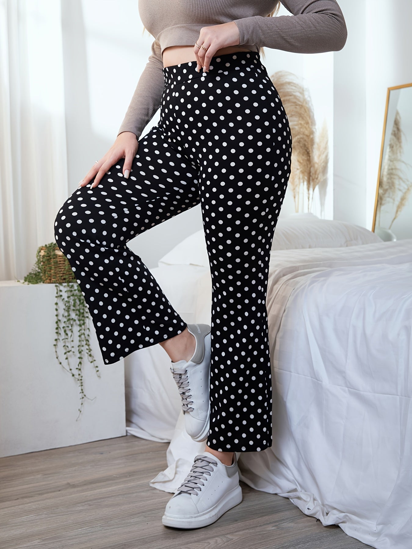  Polka Dot High Rise Flared Leg Pants