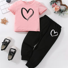 Girls Heart Print Short Sleeve T shirt & Sweatpants Set