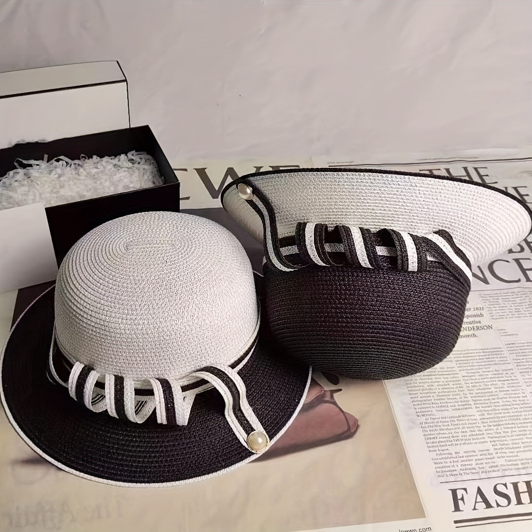 Pearl Buckle Straw Bucket Hat for Women