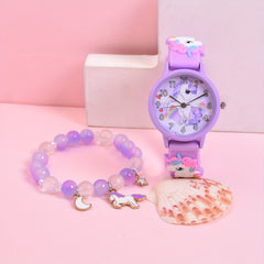 Girls' Unicorn Watch & Bracelet Set - Cute Animal Pattern Silicone Strap