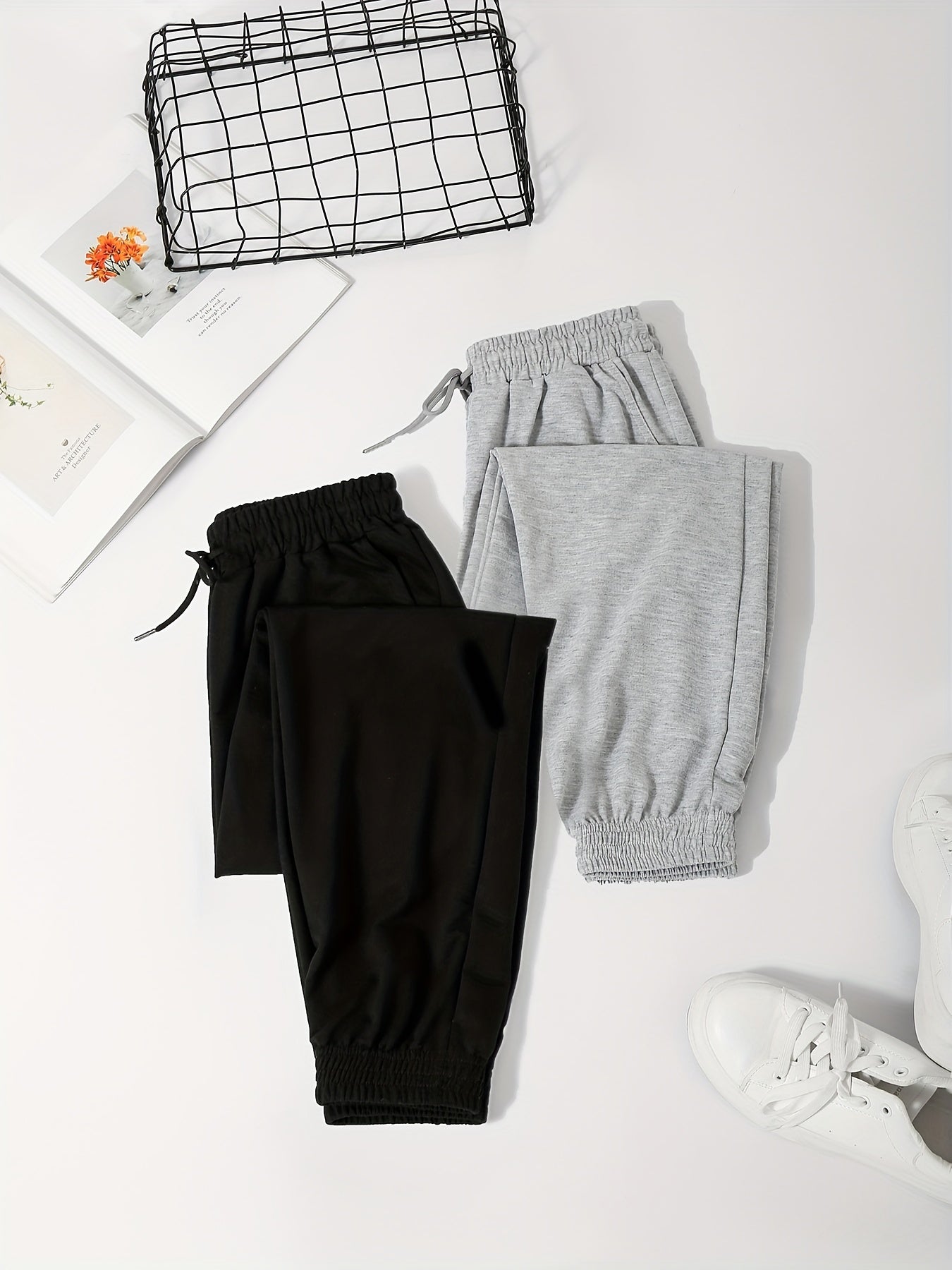 2pcs Women's Solid Loose Pants with Elastic Waist