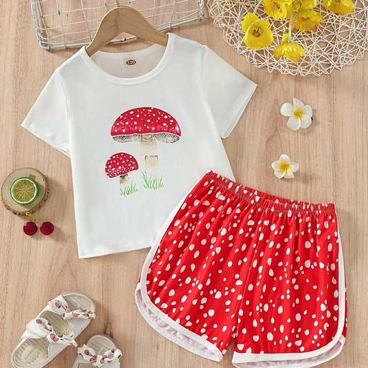 Girls Mushroom Pattern T-shirt & Polka Dot Shorts Set