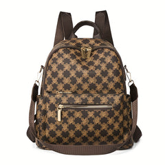 Vintage Geometric Print Backpack Retro PU Leather Daypack