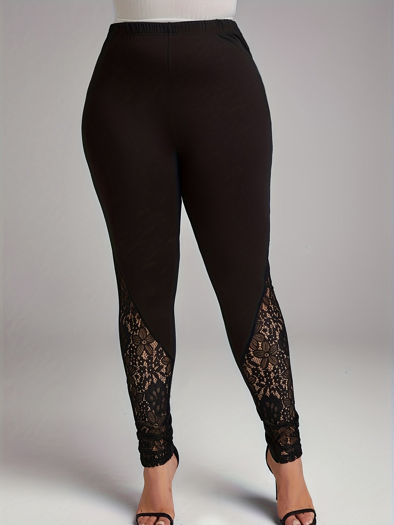  Sports Leggings Women's Plus Solid Contrast Lace Skinny