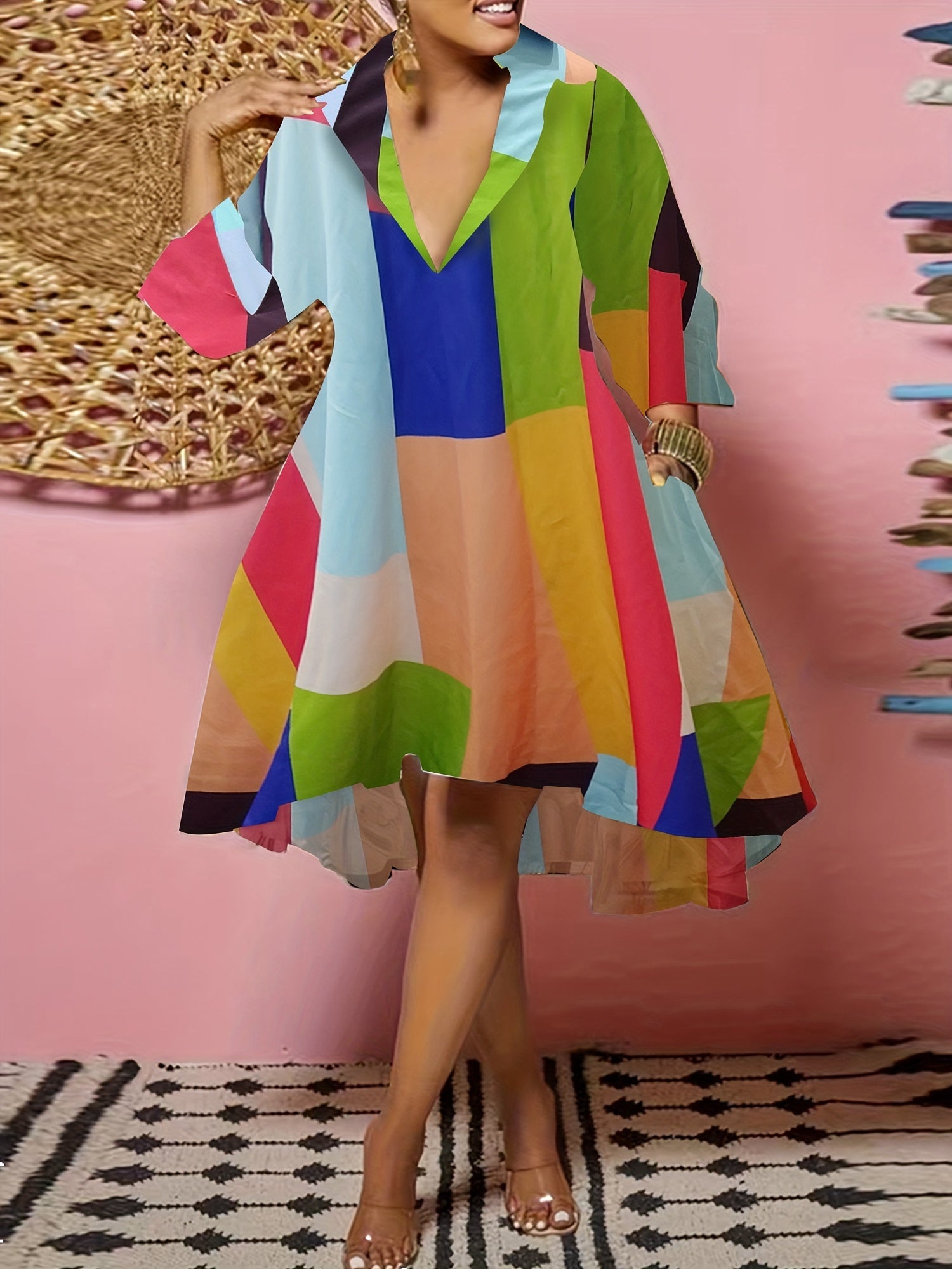  Colorblock Grid Print Half Sleeve V Neck Dress With Pockets
