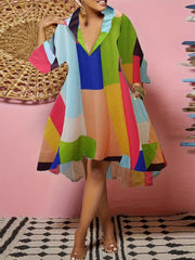  Colorblock Grid Print Half Sleeve V Neck Dress With Pockets