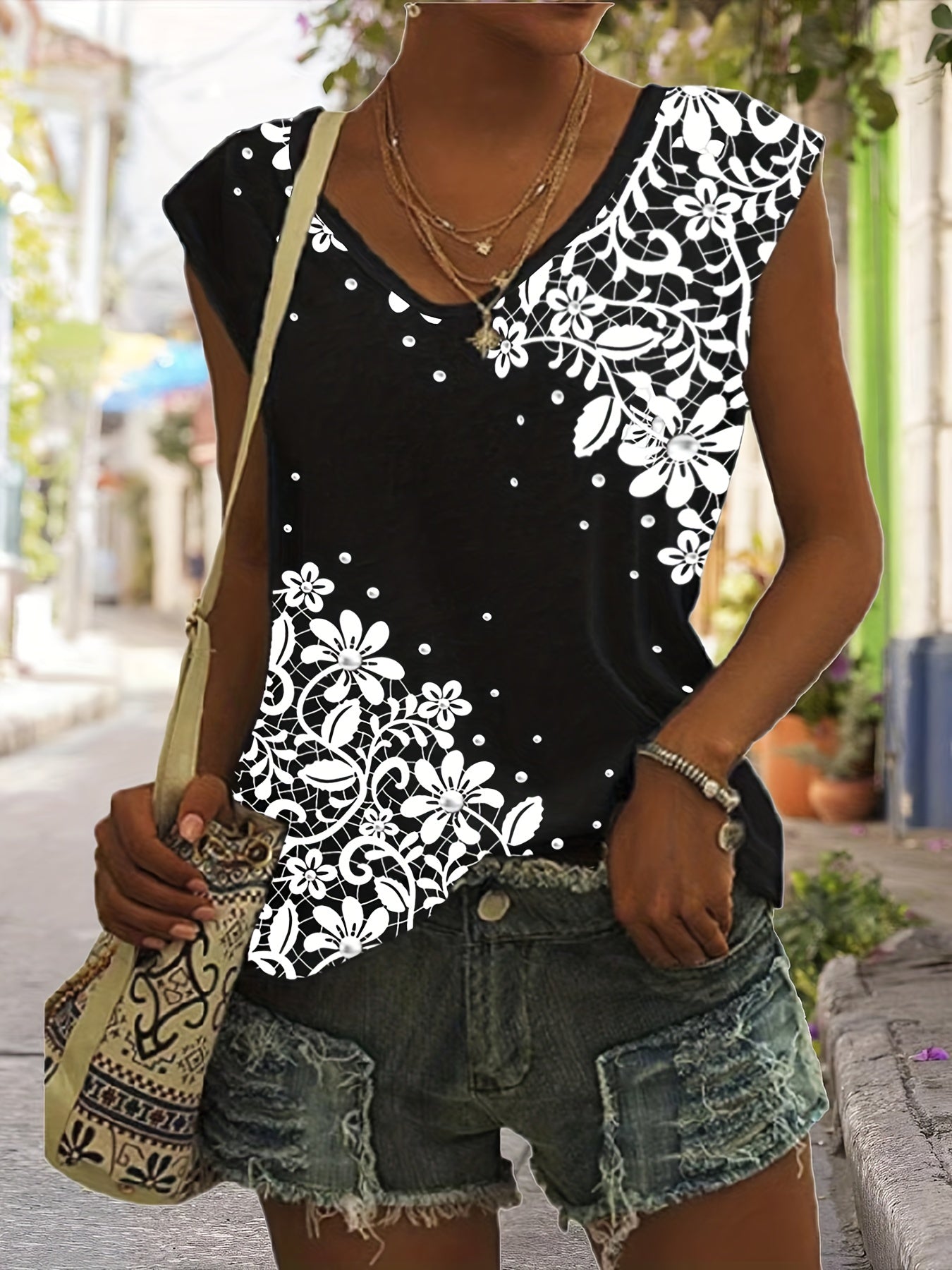 Floral Print Tank Top V-Neck Sleeveless Summer Casual Top