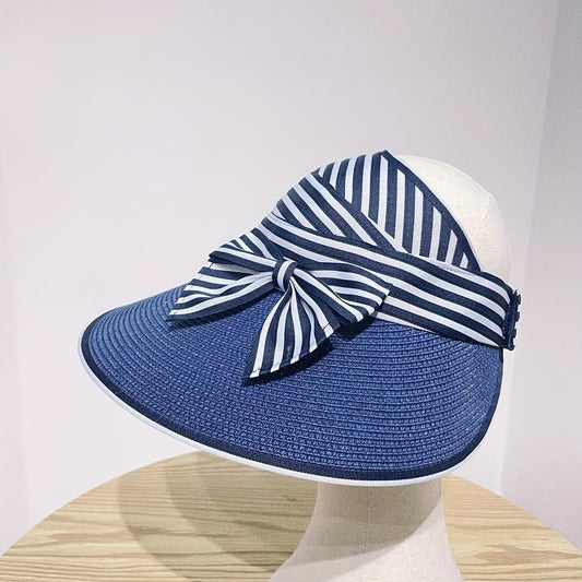 Striped Ponytail Sun Hat Straw Visor Bowknot Beach Hat for Women