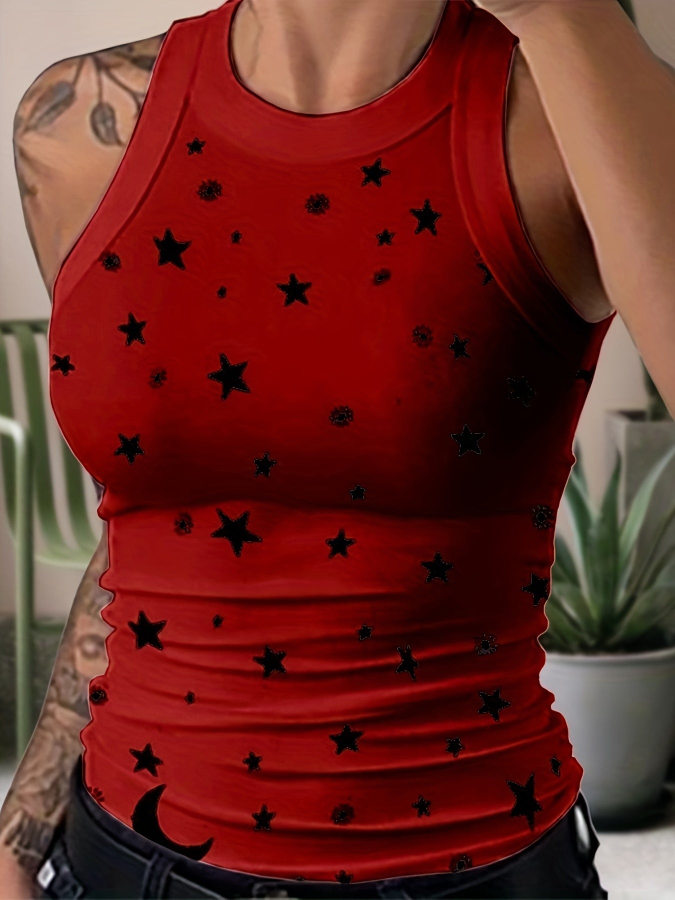 Star Print Tank Top Sleeveless Crew Neck Every Tops Women's