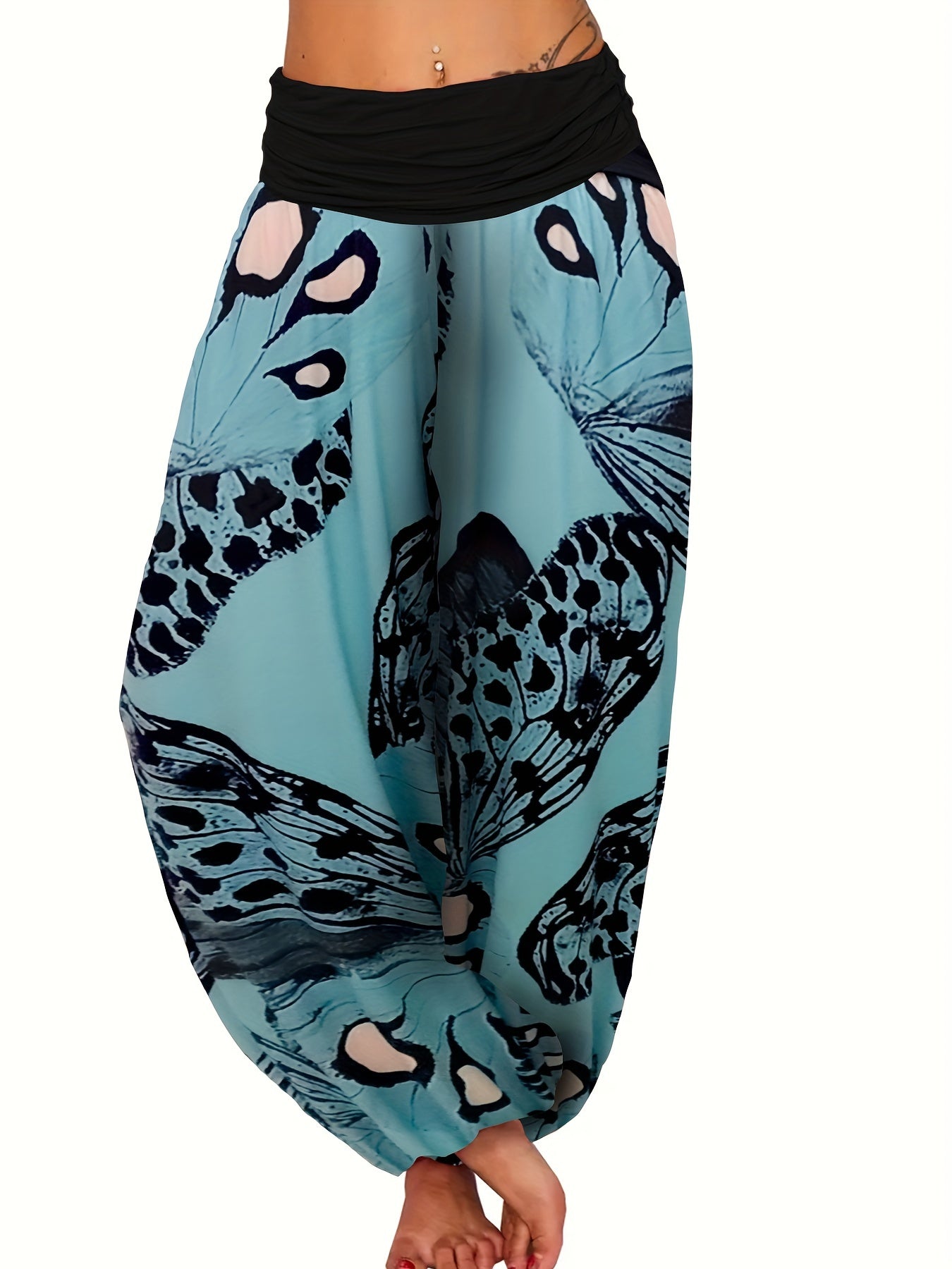  Butterfly Print Ruched High Rise Jogger Trousers