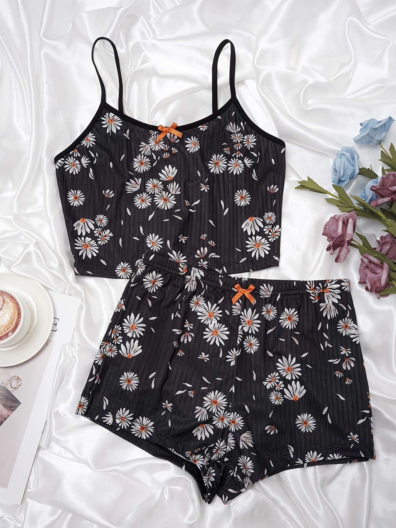 Floral Print Pajama Set Crew Neck Cami Top & Shorts