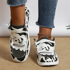 Women's Milk Cow Imprint Canvas Shoes Lace up Slip on Flat Shoes