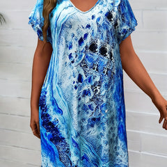  Abstract Print V Neck Midi Dress