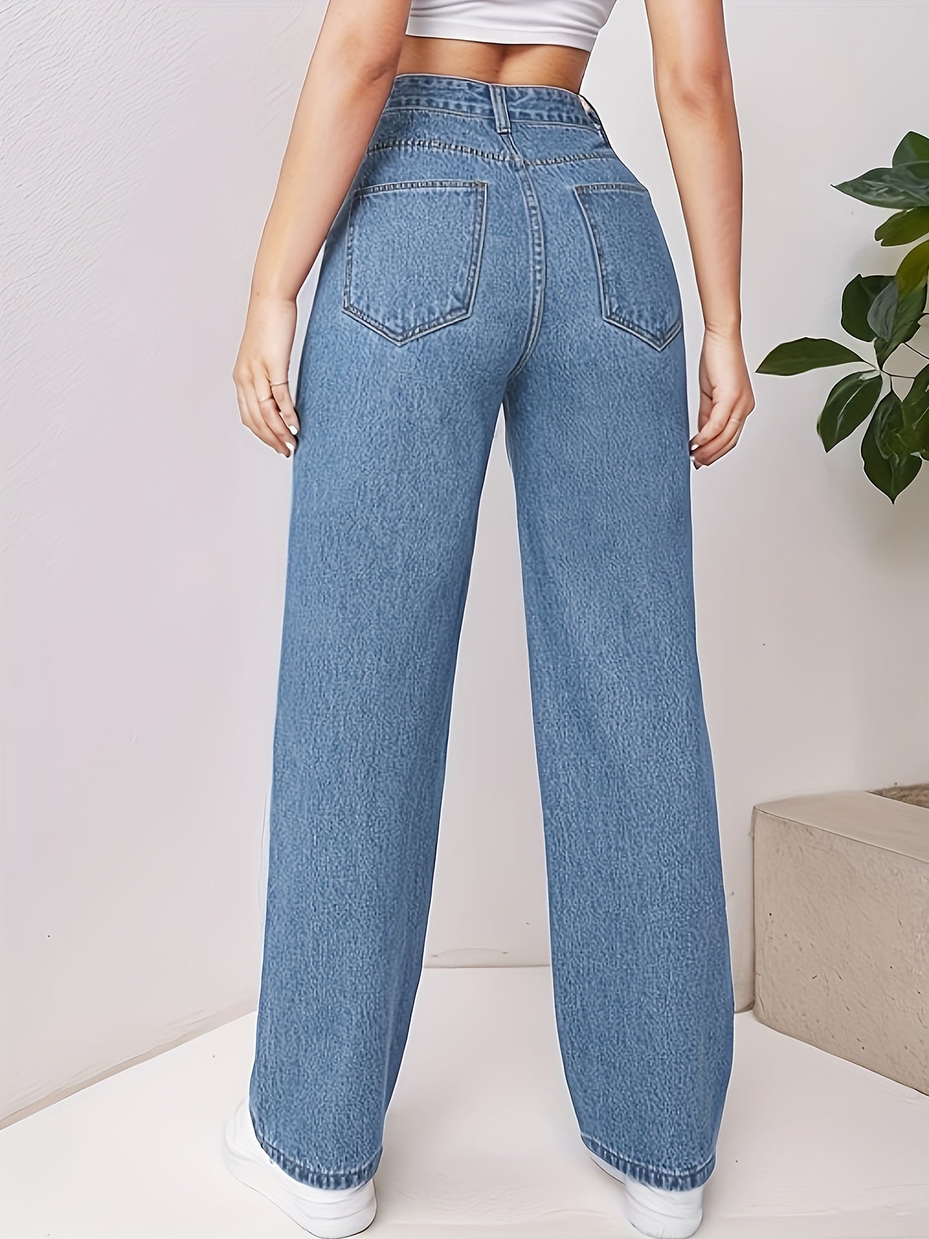 High Waist Straight Jeans Non Stretch Denim Pants