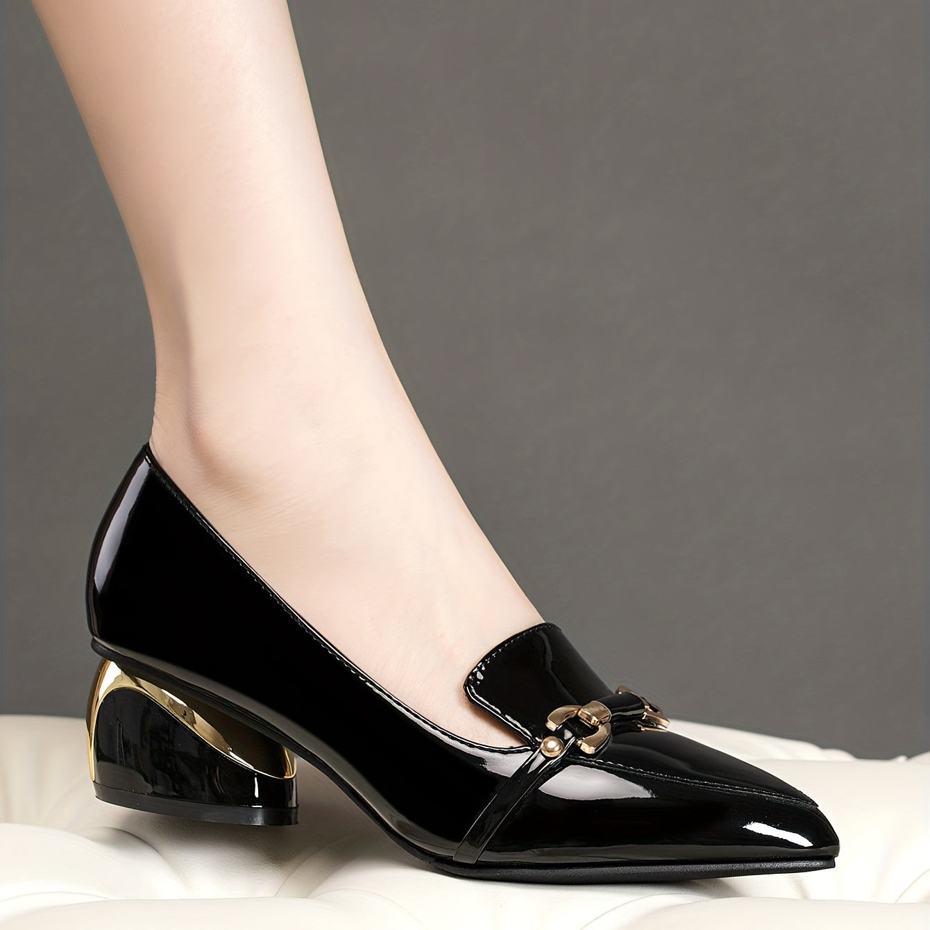 Metallic Decor Chunky Heels Point Toe Party Pumps Women's Heels