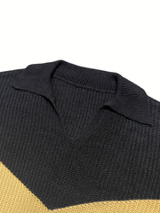  Colorblock Long Sleeve Notched Neck Jumper