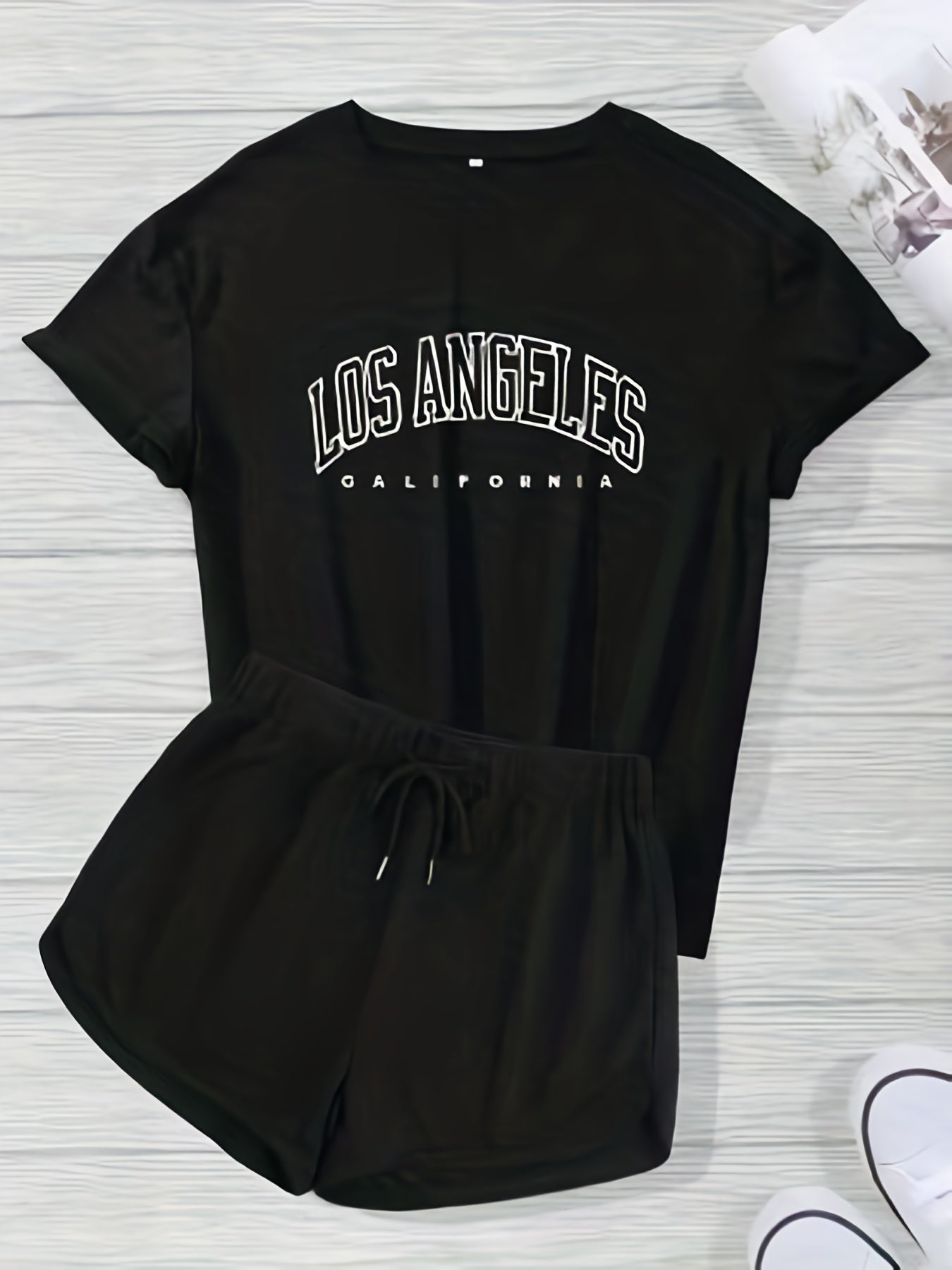 Letter Print Short Sleeve T shirt & Drawstring Waist Shorts Set
