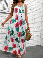 Plus Tropical Print V Neck Stretch Maxi Cami Dress