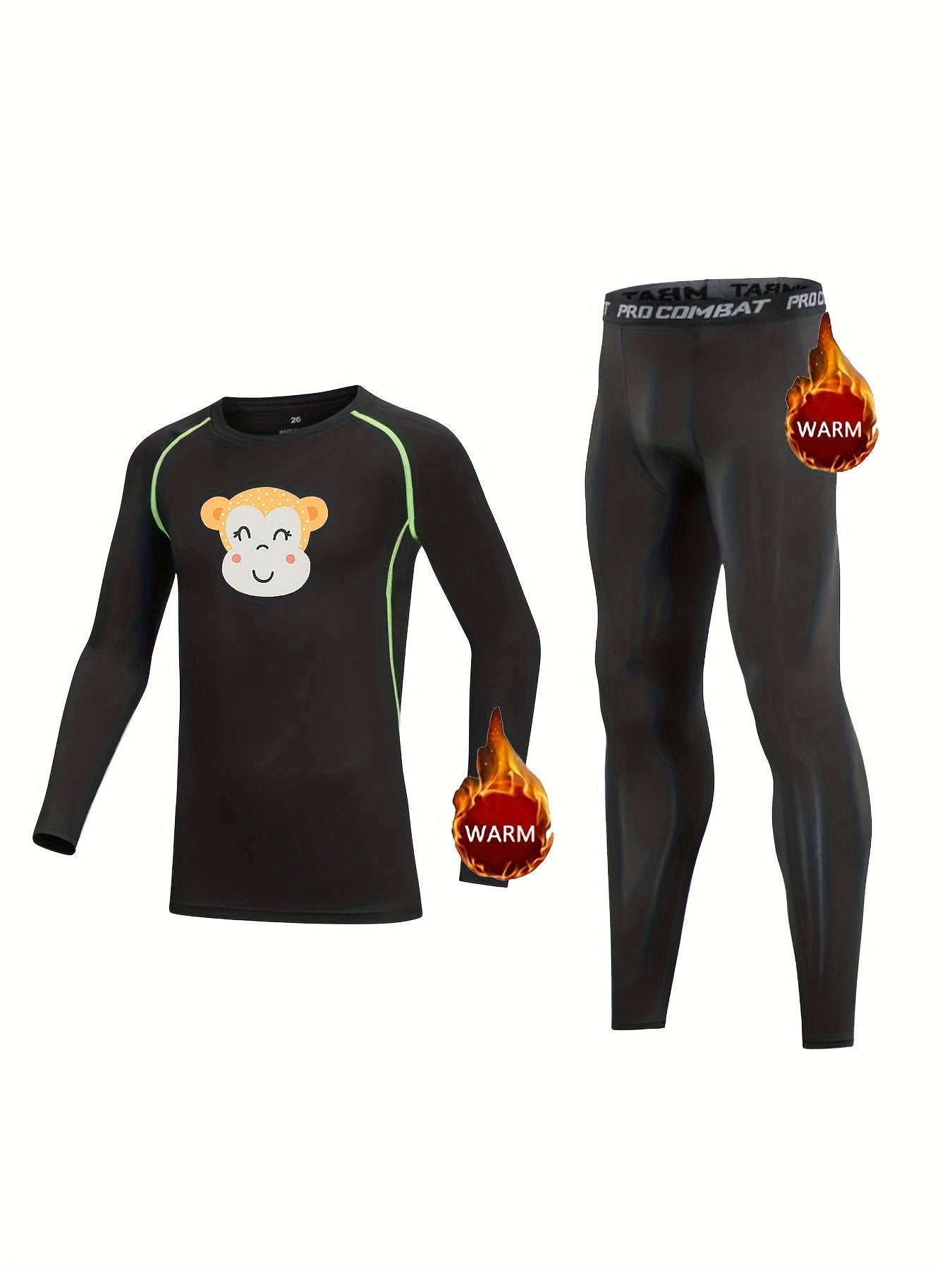 2pcs Kids Compression Fleece Sets - Monkey Pattern Crew Neck Pullover