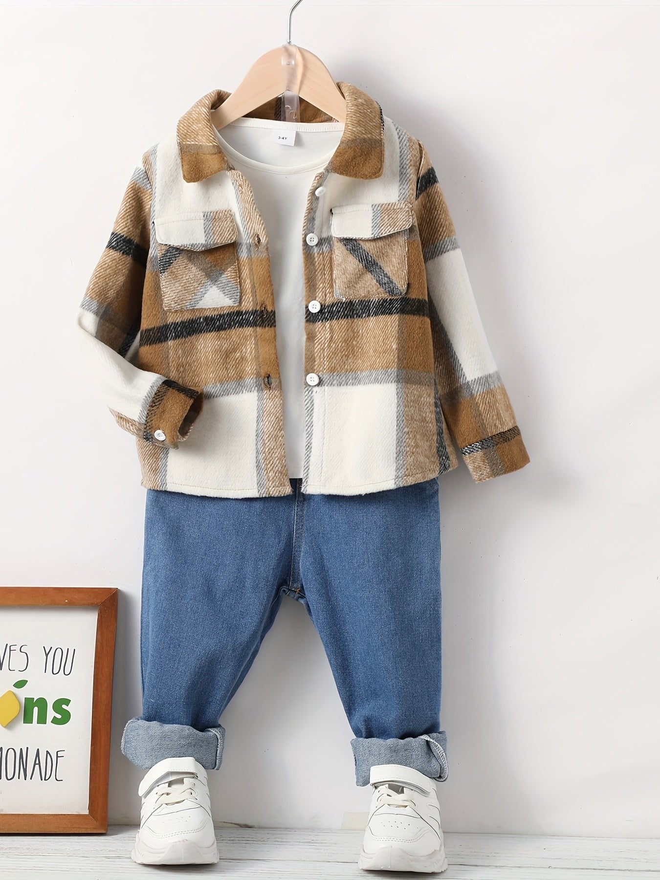 Boy's 2pcs Plaid Shirt & Denim Pants Set Casual Outfit