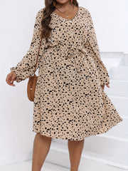  Graphic Print Lantern Sleeve Button Up V Neck Dress