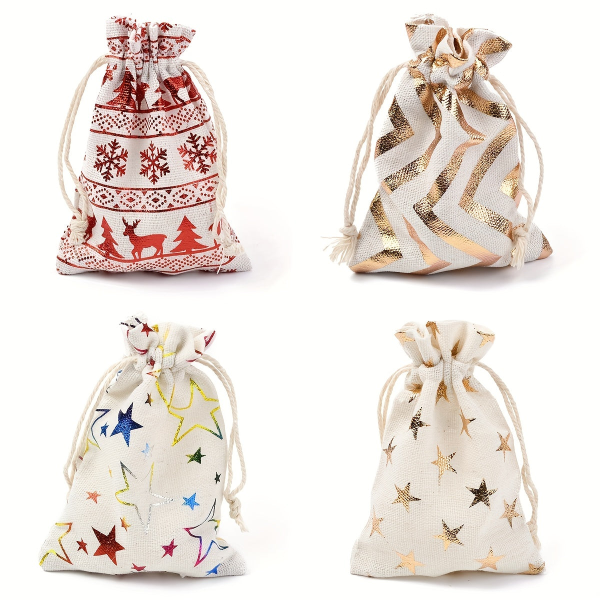 5pcs Christmas Theme Cotton Fabric Bag Drawstring Bags Star Pattern 14x10cm